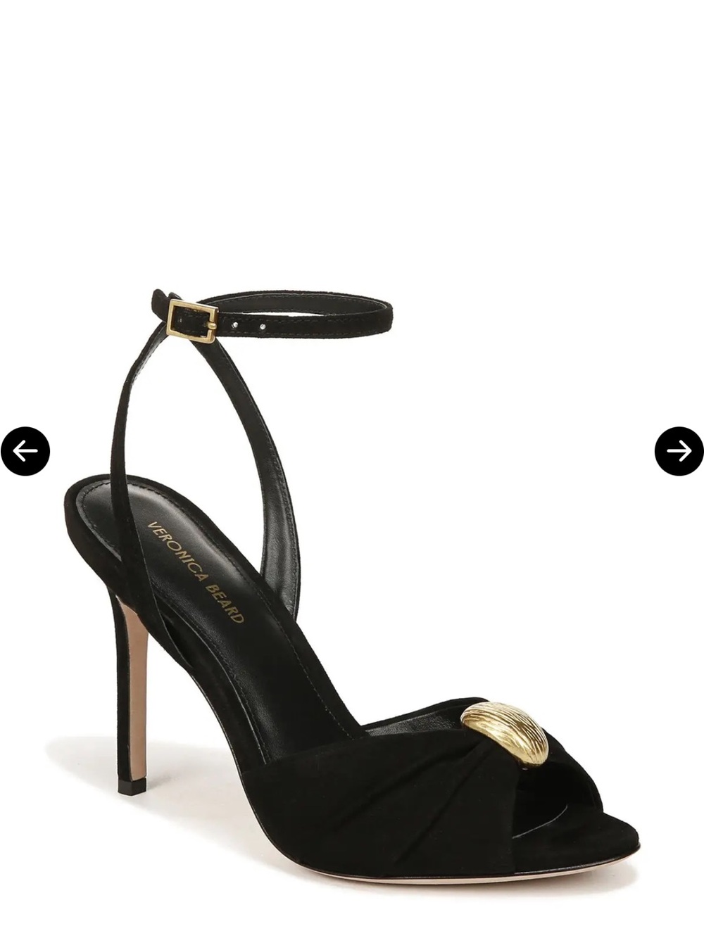 Veronica Beard Black Ankle-Strap Suede Heel with Gold Accent